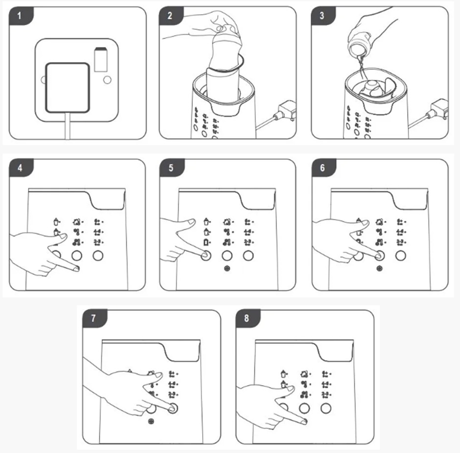 Diagram of steps 1 - 6 of how to use Multiwarm milk wamrer