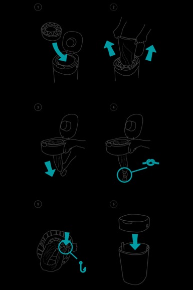 How to set up twist and click bin with diagrams of steps 1 - 6 which are labeled. these are described above